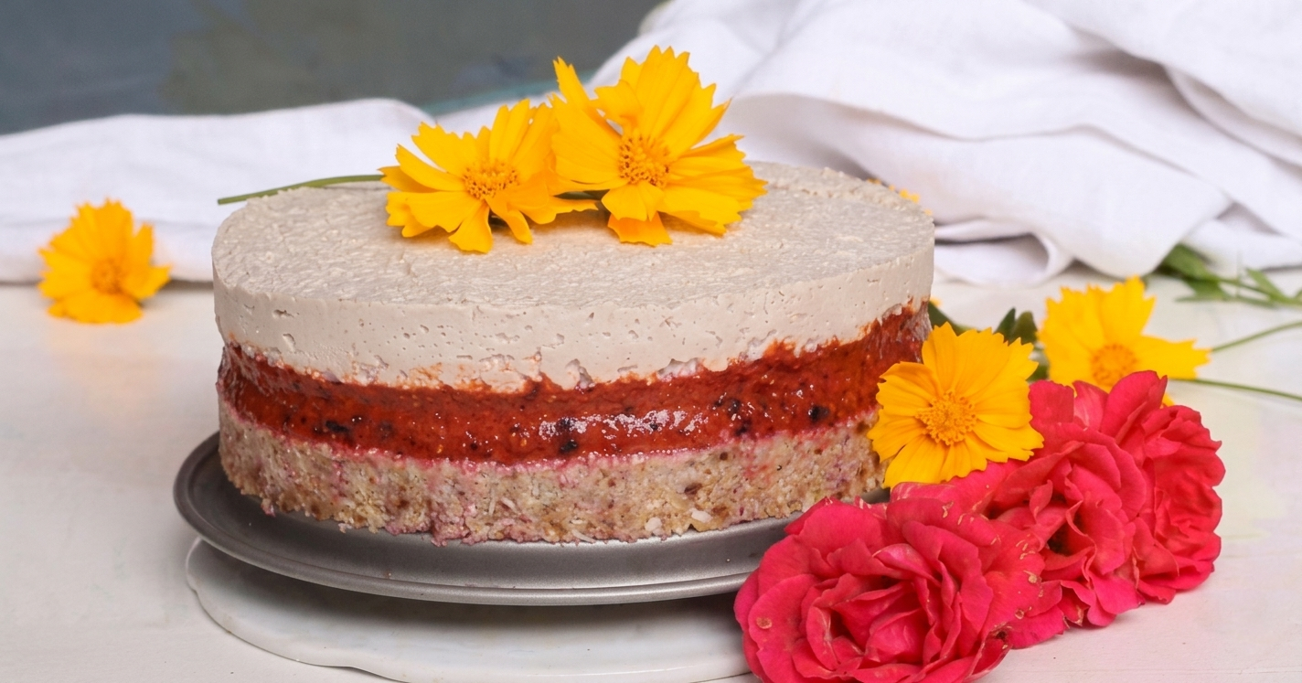 Trojfarebná mrazená torta s lesným ovocím a kešu krémom